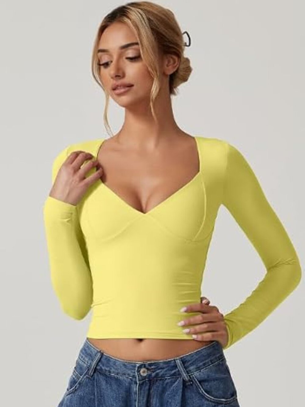 〽️Women's Yellow V Neck Crop Top Long Sleeve Double Lined Seamed Cup Tee FitMake